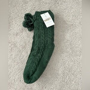 New Women's MIXIT Fur Lined Slipper Socks With Grippers Green With Silver L/XL